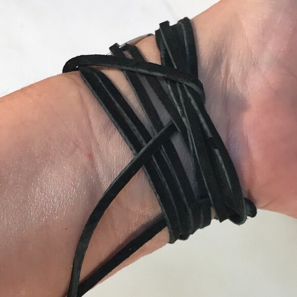 Rustic Skull Biker Wrap Bracelet Solid Sterling Silver 925 Cuff Genuine Suede - Picture 5 of 8